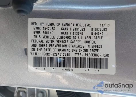 2014 Honda Accord Ex-L V-6 from USA, damaged, VIN 1HGCR3F82EA012588
